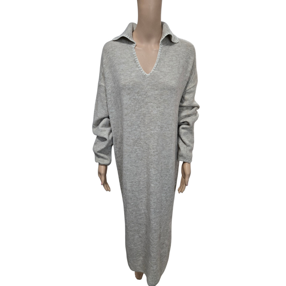 1. State large heathered tan long sleeve collared sweater dress